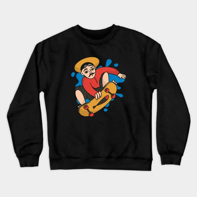 Funny Skateboarding Fisherman Parody of Niko Pirosmani Crewneck Sweatshirt by Now Boarding